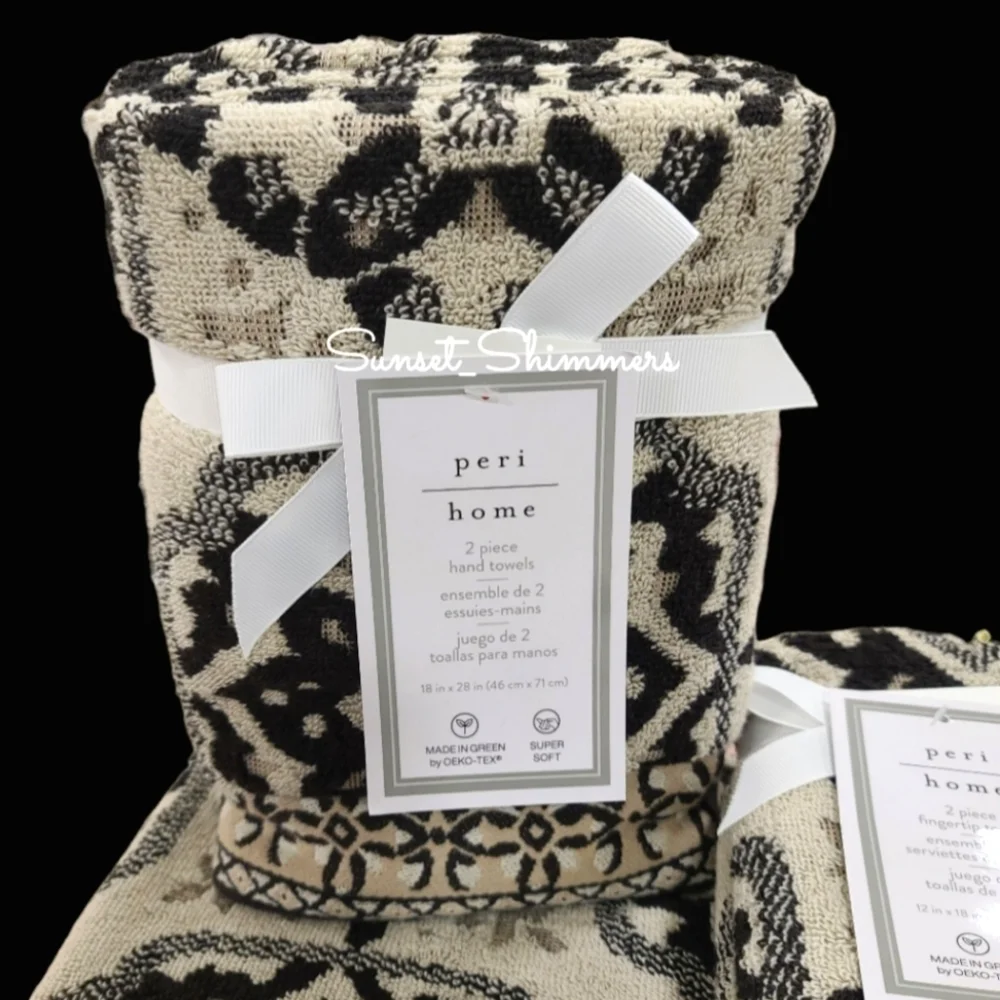 6pc Peri Home Tan & Black Mediterranean Tile Bath Hand Tip Towel Set New